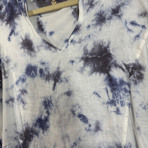 XCVI Blue White Tie Dye Short Sleeve Hooded Cotton Linen Dress Size M - Picture 7 of 13